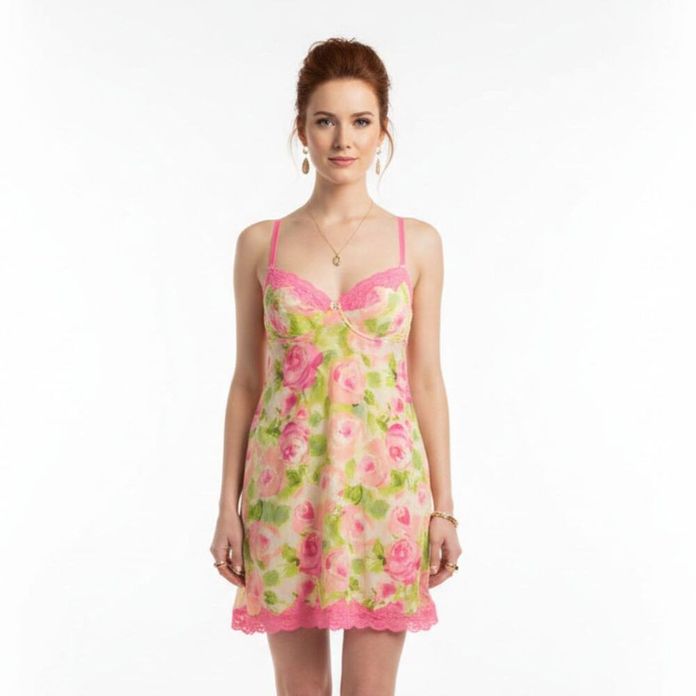 Badgley Mischka Pink Rose Floral Print Bra Short Sleep Dress New 34B
